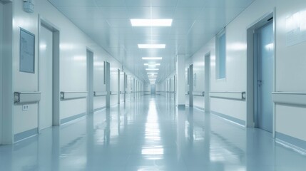 A long, sterile hallway in a modern building, with white walls, a shiny floor and evenly spaced doors.