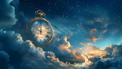 Surreal image of a vintage clock floating among clouds in a starry night sky, symbolizing time and dreams in a fantastical scene.