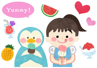 笑顔でアイスクリームを食べる子供とペンギンのイラスト