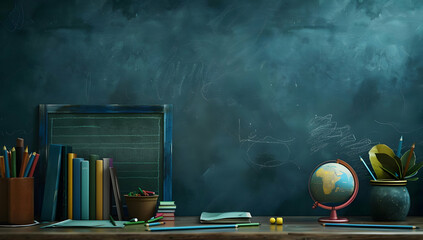 Vintage classroom setup with chalkboard, globe, books, and supplies on a wooden desk, evoking a nostalgic educational atmosphere.