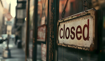 Vintage shop window with a closed sign. Urban setting with blurred background, reflecting a quaint, nostalgic atmosphere of a quiet street.