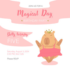 Birthday invitation with a cute ballerina capybara