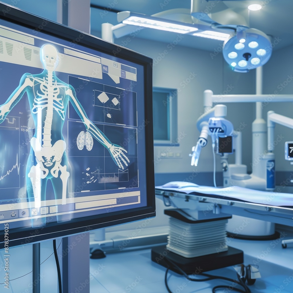Poster a modern operating room with a digital display showing a skeleton image, representing advanced medic