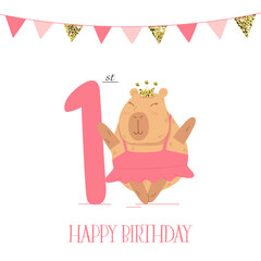 Birthday card with ballerina capybara for one year olds