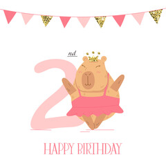 Birthday card with ballerina capybara for two year olds