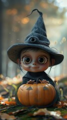 A doll dressed as a witch with a pumpkin