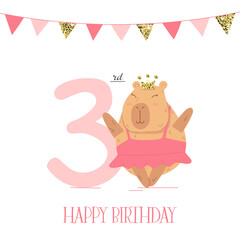 Birthday card with ballerina capybara for three year olds