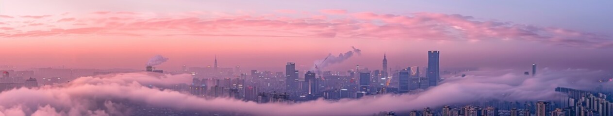 Fototapeta premium Surreal Abstract Cityscape Emerging from a Sea of Pink Mist: Dreamlike Urban Life at Dawn, Perfect for Nature-Inspired Morning Publications, AI-Generated High-Resolution Wallpaper.