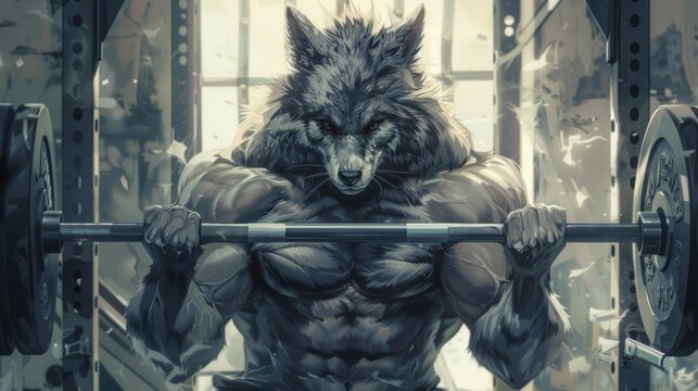 A man is holding a barbell with a wolf on it