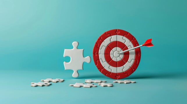 A puzzle piece stands next to a bullseye target with an arrow in the center, surrounded by scattered puzzle pieces.