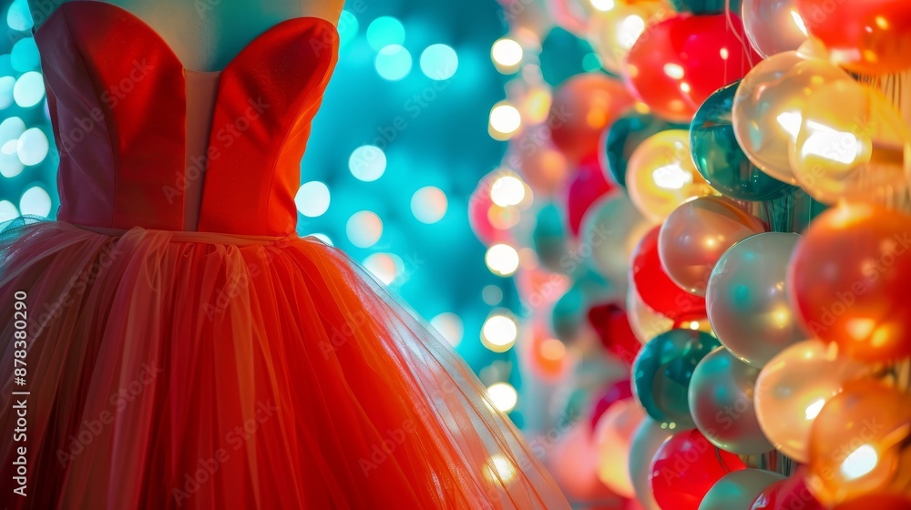 Poster a red dress on a mannequin with colorful string lights in the background. the lights create a festiv