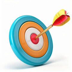 A red and yellow dart hits the center of a colorful target.