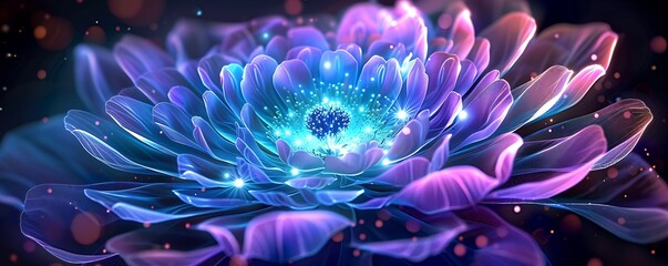 glowing neon flower in shades of violet and teal its petals intricately layered with luminous core that draws the eye creating captivating focal point.