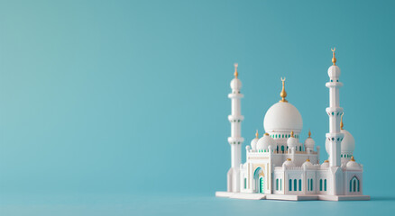 Obraz premium Miniature mosque isolated on blue background with copy space for Islamic celebration day ramadan kareem or eid al fitr adha