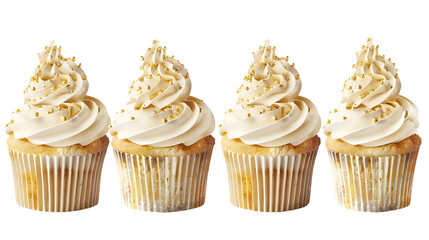 Collection of Vanilla cupcakes with vanilla bean frosting. Isolated on transparent background.