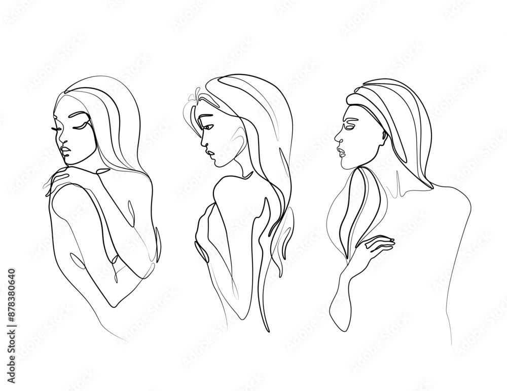 Sticker woman beauty set abstract silhouette, young fashion girl, modern abstract line women poster, continu