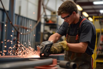 man using grinder to cut a metal bar, wearing gloves and a apron with protective sleeves