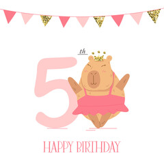 Birthday card with ballerina capybara for five year olds