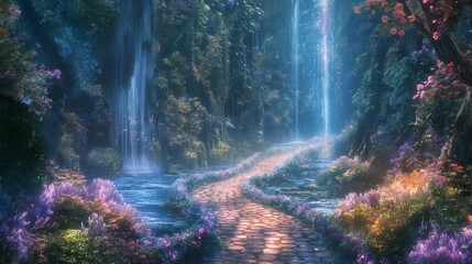 A fantasy forest with a path leading through it,anime background