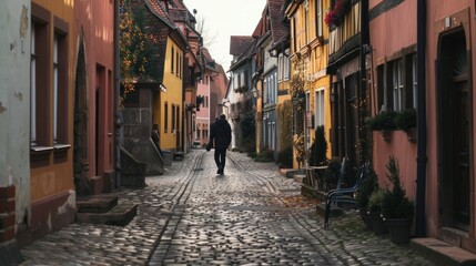 Fototapeta premium tourist walking on a cobblestone street with historic buildings on both sides generative ai