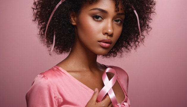 Breast cancer awareness | Black woman in pink t- shirt with hand holding Pink Ribbon