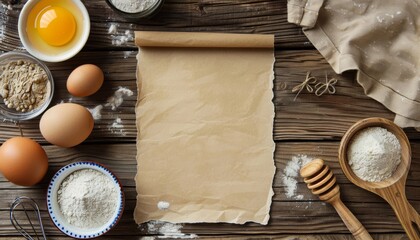 A rustic wooden table with baking ingredients and a blank parchment paper, ready for recipe writing or food photography.
