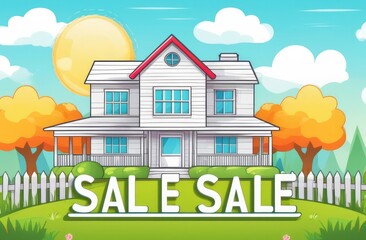 Fototapeta premium wooden sign for sale on the lawn against the backdrop of a beautiful home for a young family. House for sale, house for sale, affordable housing, second housing market