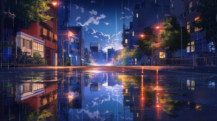Fototapeta premium Scene is calm and peaceful, with the water reflecting the city lights