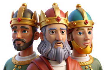 Vibrant 3D cartoon depicting The Three Wise Men on Epiphany, featuring plasticine texture, transparent background for versatile use in print and digital art