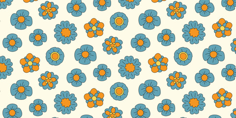 Seamless pattern with blue and orange funny beautiful flowers in groovy style. Background with trendy botanical floral elements in trendy retro trippy psychedelic hippie style.