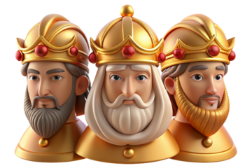 Vibrant 3D cartoon depicting The Three Wise Men on Epiphany, featuring plasticine texture, transparent background for versatile use in print and digital art