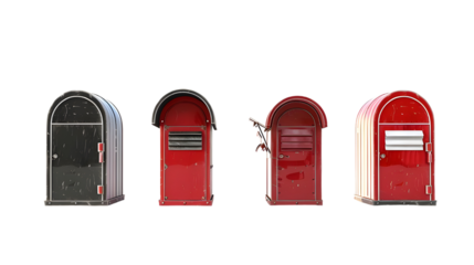 Collection of vintage red postboxes in various designs and sizes. Isolated on a transparent background.