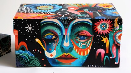 Artistic gift box with surreal designs and bold colors, gift box, avant-garde festival