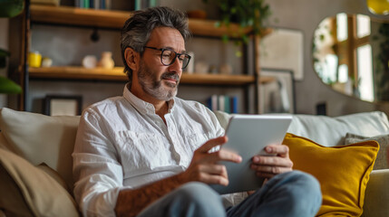 Man on sofa using tablet