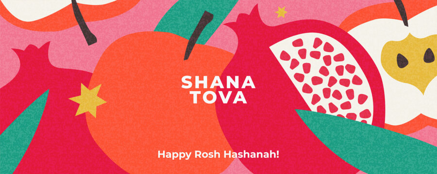 Rosh Hashana, Rosh Hashanah, Jewish New Year greeting card, cover, holiday web banner, poster. Hand drawn illustration design template with apple and pomegranate pattern in trendy modern art style - Powered by Adobe