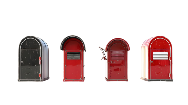 Collection of vintage red postboxes in various designs and sizes. Isolated on a transparent background.