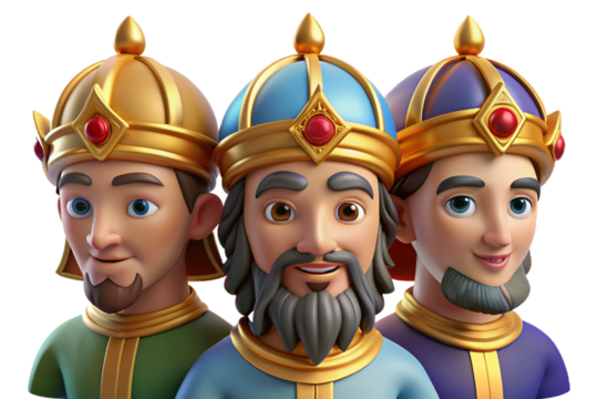 Vibrant 3D cartoon depicting The Three Wise Men on Epiphany, featuring plasticine texture, transparent background for versatile use in print and digital art