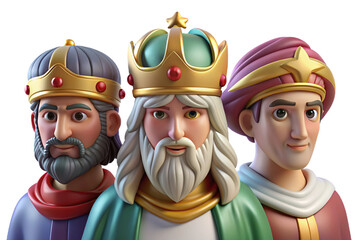 Vibrant 3D cartoon depicting The Three Wise Men on Epiphany, featuring plasticine texture, transparent background for versatile use in print and digital art