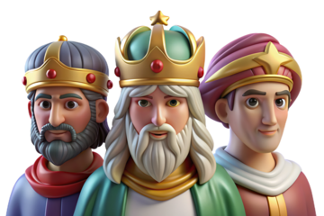 Vibrant 3D cartoon depicting The Three Wise Men on Epiphany, featuring plasticine texture, transparent background for versatile use in print and digital art