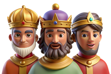 Vibrant 3D cartoon depicting The Three Wise Men on Epiphany, featuring plasticine texture, transparent background for versatile use in print and digital art