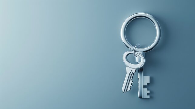 A silver key ring with two keys hanging on it against a blue background.