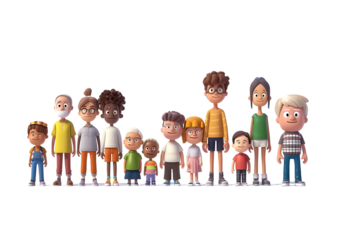 Group of diverse cartoon characters in various poses. Isolated on a transparent background.