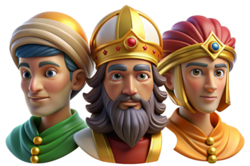 Vibrant 3D cartoon depicting The Three Wise Men on Epiphany, featuring plasticine texture, transparent background for versatile use in print and digital art