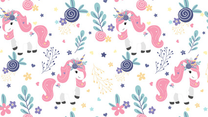 Cute white unicorn, seamless pattern with floral accents