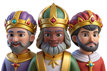 Vibrant 3D cartoon depicting The Three Wise Men on Epiphany, featuring plasticine texture, transparent background for versatile use in print and digital art