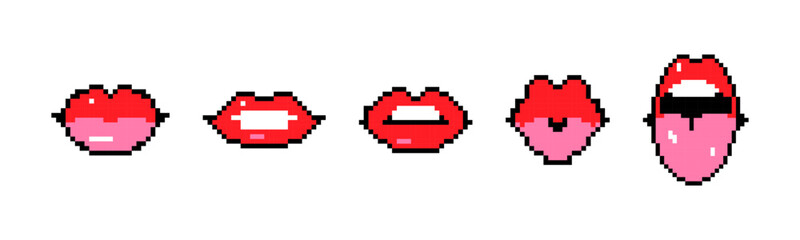 Set pixel red lips. Trendy vector illustration.