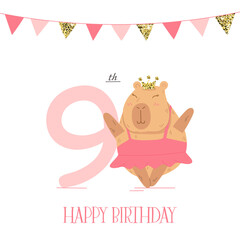 Birthday card with ballerina capybara for nine year olds
