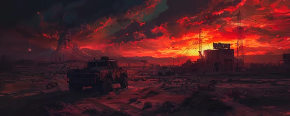 Keuken achterwand Bordeaux A post-apocalyptic sunset over a desolate landscape with a vehicle  © BraveSpirit
