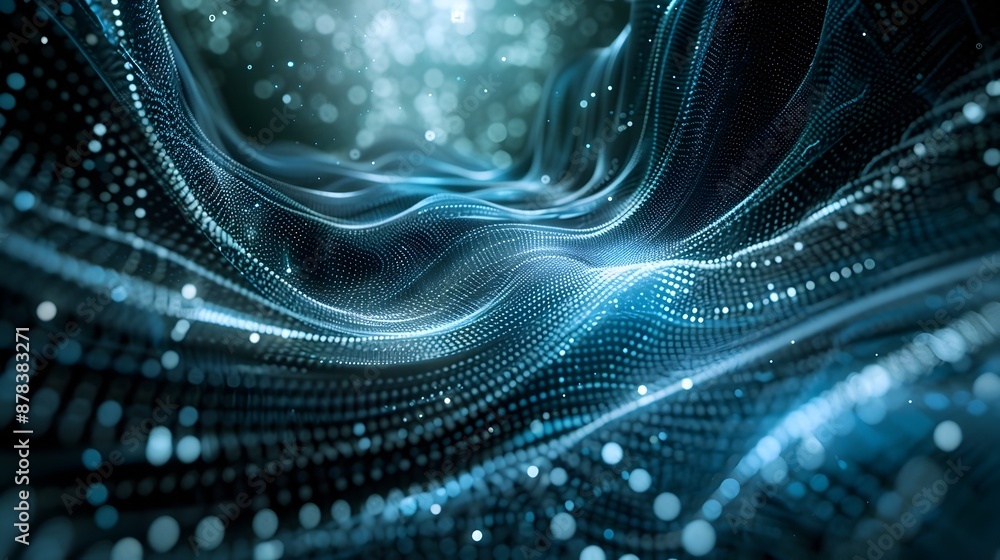 Poster quantum simulation environment with digital particles and waves amidst vibrant hues