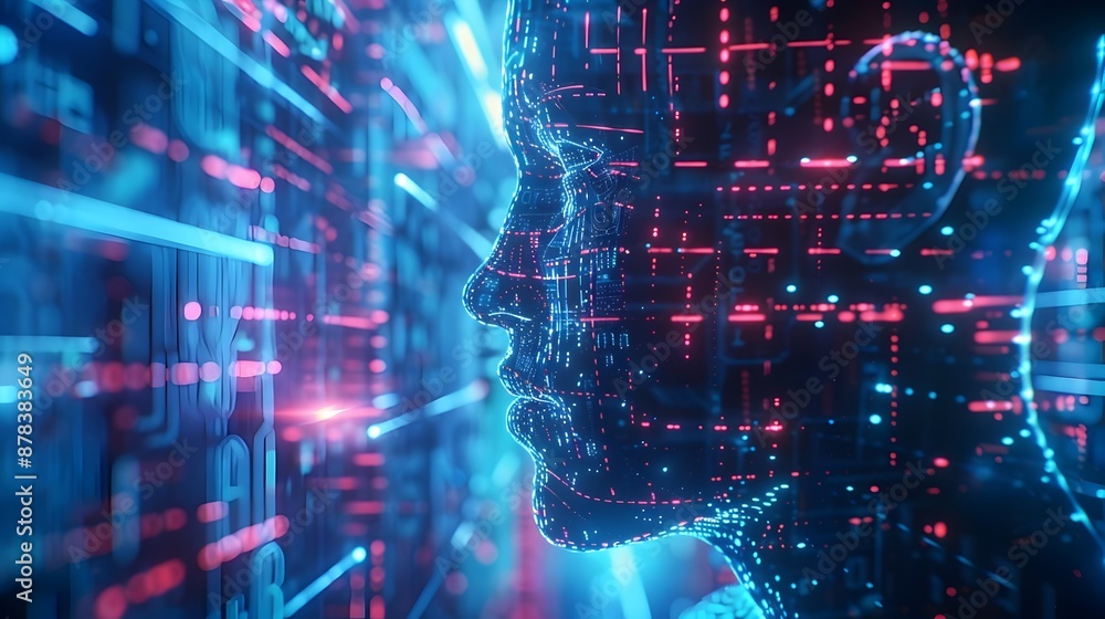 Poster quantum interface with holographic displays showcasing advanced technological innovation